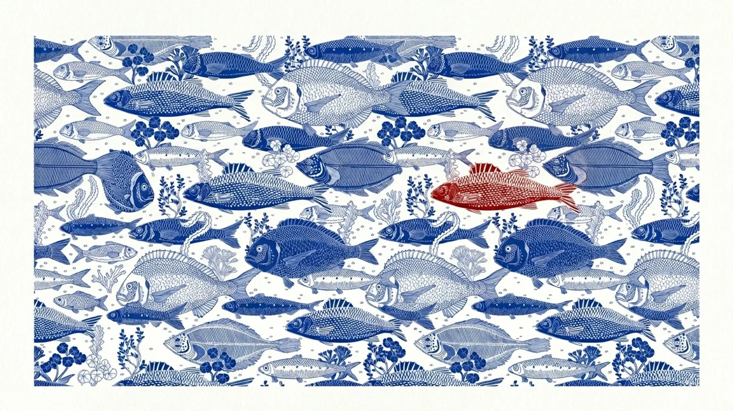 A school of blue fish swimming in one direction with a single red fish standing out the outlier